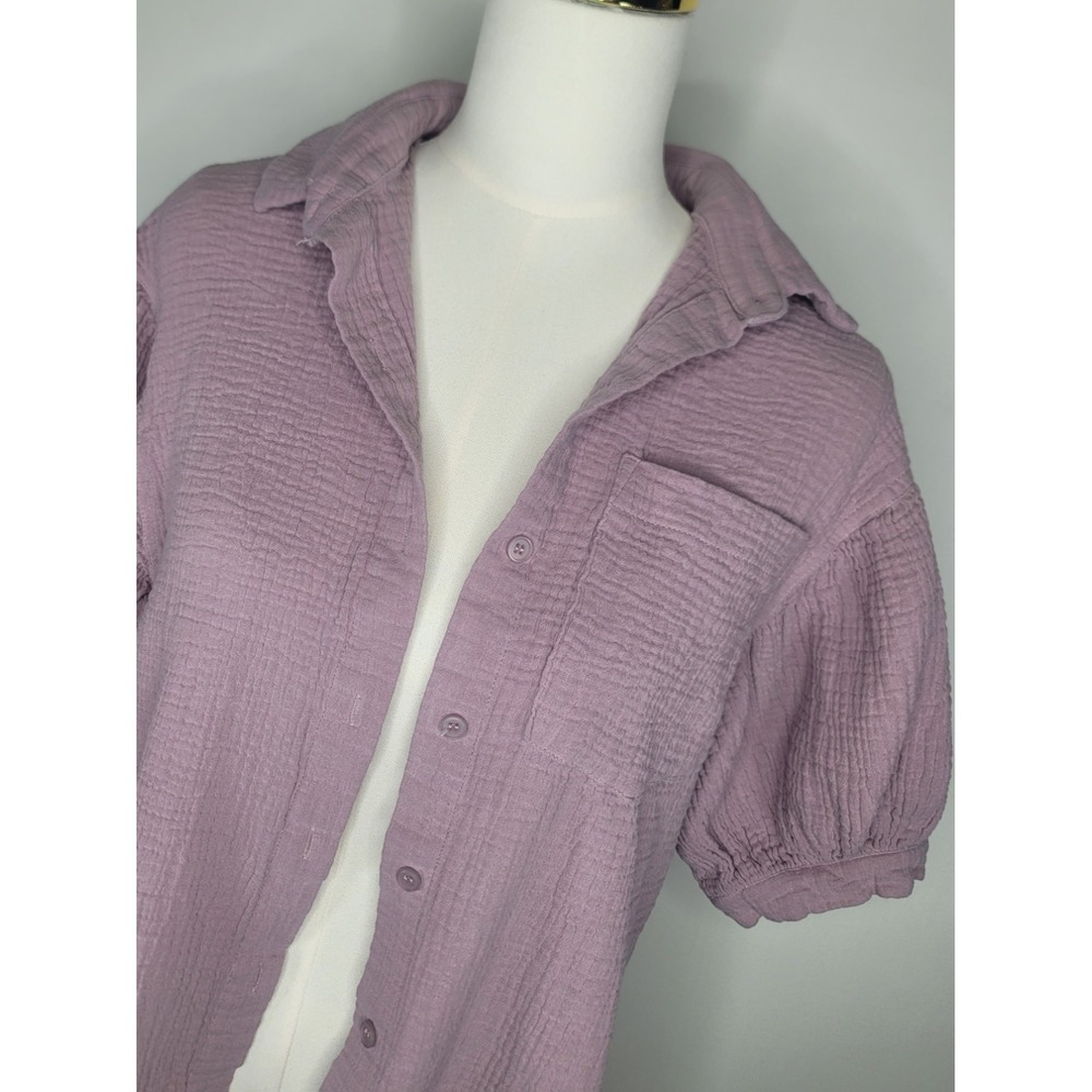 GeeGee Womens Small Lavender Cotton Gauze Button Down Tunic Puff Sleeve Oversize